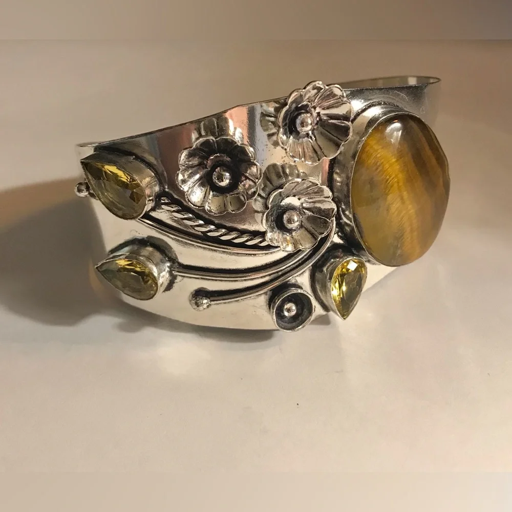 Tiger Eye Citrine Stamped Solid 925 Sterling Silver Cuff Bracelet